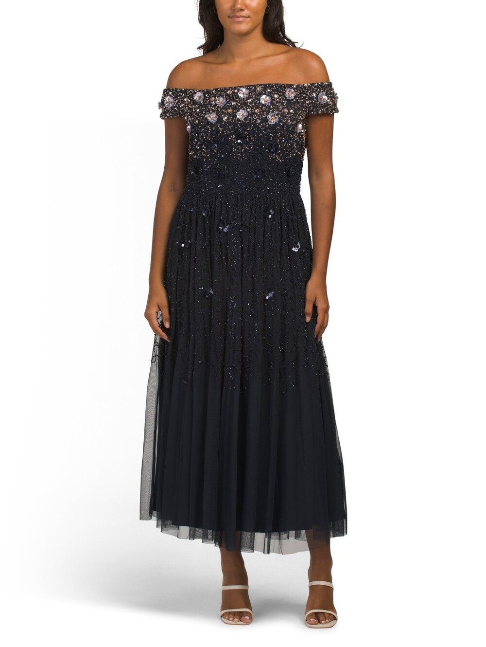 Adrianna papell  Off-Shoulder Black Beaded Evening Dress